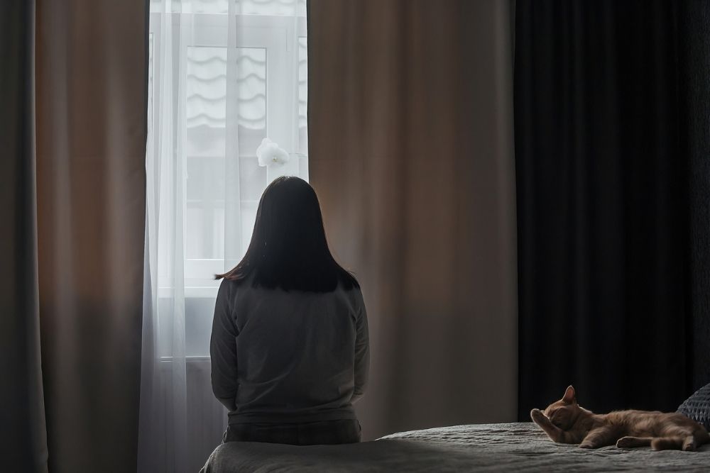 A person sitting on a bed facing a window with curtains drawn, appearing reflective or sad, while a cat rests beside them.